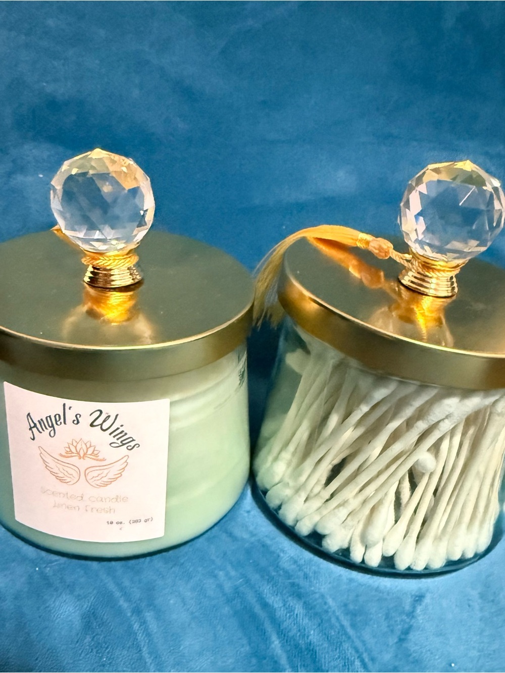 Scented Candle Jar with Crystal Lid and jar with qtips-